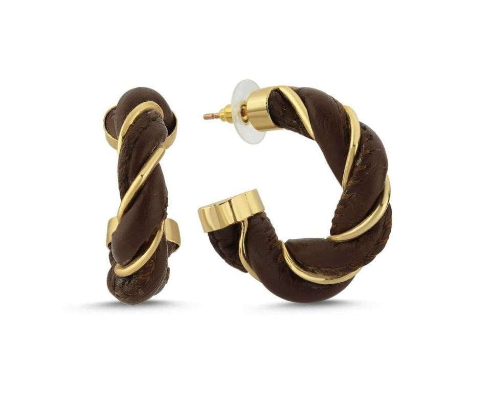 Deri Örgülü Altın Kaplama Küpe